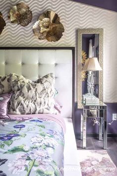 Dark Purple, White And Gold Master Bedroom | Bedroom Decor Ideas Dark Purple Bedrooms, Bedroom Colors Purple, Dark Purple Bedroom, Purple Bedroom Walls, White Platform Bed, Bedroom Purple, Suite Ideas, Purple Bedrooms, Purple Bedroom