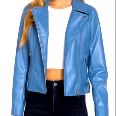 Motorcycle Jacket Casual Blue Leather Jacket With Zipper Closure, Trendy Blue Leather Jacket With Zipper Closure, Trendy Blue Leather Jacket With Zipper, Blue Trendy Leather Jacket For Spring, Casual Fitted Blue Leather Jacket, Blue Leather Jacket For Spring, Fitted Blue Biker Jacket For Spring, Chic Blue Biker Jacket With Long Sleeves, Chic Blue Long Sleeve Biker Jacket