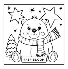 a black and white drawing of a teddy bear holding a christmas tree with stars in the background