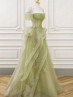 Sage Green Prom Dress, Graduation Dresses Long, Off Shoulder Tulle, Era Victoria, Lace Long Prom Dress, Green Formal Dresses, Green Tulle, Floor Length Prom Dresses, Beaded Prom Dress