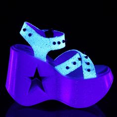 5" Wedge Star Cutout Ankle Criss Cross Platform Sandals. Uv Reactive Glow. Spike Studded Straps. Styles: Punk Goth Dr Alternative Hot Rocker Marten Music Festival Steampunk Anyd-02 Demonia Shoes, Dance Heels, Pleaser Shoes, White Wedges, Green Business, Glitter Stars, Platform Wedge Sandals, Platform Wedge, Ankle Straps