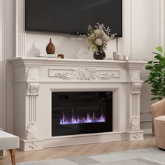 a white fireplace with purple flames in the center and a tv above it on a wall