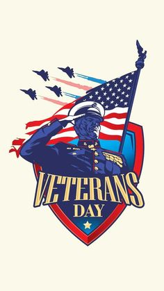 veterans day emblem with soldier holding an american flag