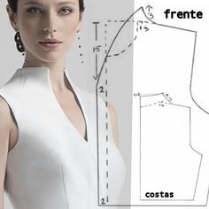 a woman is wearing a white dress and has her hands on her hips, with the measurements shown