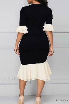 Lasaky - Sophisticated Bandage Patchwork Irregular Dress with O Neck Design for Plus Size Women Elegant Midi Dress With V-neck And Patchwork, Elegant Spliced Midi Dress, Elegant Midi Dress With Splicing, Elegant Black Patchwork Dress, Elegant Fitted Patchwork Dresses, V-neck Patchwork Midi Dress For Party, Patchwork V-neck Midi Dress For Parties, Elegant V-neck Dress With Splicing, Elegant Formal Patchwork Dresses