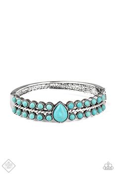 Dotted with a polished turquoise teardrop center, rows of dainty turquoise stones flank a thick silver bar that arcs across the wrist for an authentic look. Features a side hinged closure. Sold as one individual bracelet. P9SE-BLXX-323VK Nature Resort, Paparazzi Accessories Jewelry, October Fashion, Resort Fashion, Silver Bar, Silver Frames, Hinged Bracelet, Turquoise Stones, Paparazzi Accessories