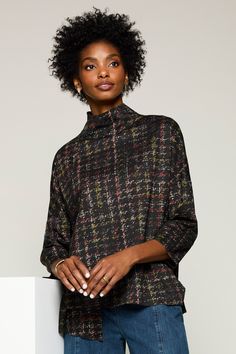 Knit Top - A chic funnel-neck top with a multicolor pattern that goes with everything. Artful Home, Funnel Neck, Three Quarter Sleeves, Quarter Sleeve, Funnel, Three Quarter, Get Inspired, Polyester Spandex, Fabric Care