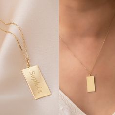 14k Solid Gold Custom Rectangular Tag Necklace, Personalized Name Charm Necklace is Available for Name Coordinate Date or Handwriting Names. There is no additional charge for engraving. This modern style rectangular Dog Tag Personalized necklace is a nice gift for her, gift for women, Gift for graduation, gift for a new mom, and gift for Christmas. The Rectangle pendant is two-sided. The backside of the pendant is engravable. The bar and the chain is 14k solid gold. The material is not gold fill Elf Jewelry, Gift For Graduation, Solid Gold Charms, Family Tree Necklace, Rectangle Pendant, Gold Necklace Women, Mom Necklace, Cross Jewelry, Evil Eye Necklace