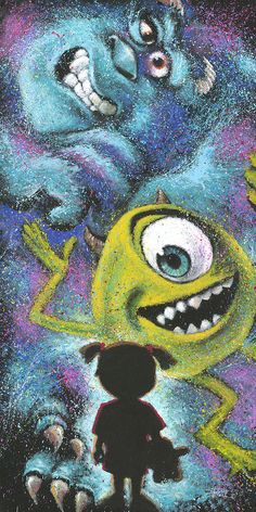 an image of cartoon characters from the movie monsters with their faces painted in chalk pastel