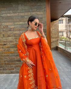 Orange Indian Outfit, Orange Anarkali, Flared Suit, Anarkali Designs, Haldi Outfits, Georgette Anarkali