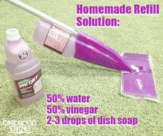 a purple vacuum cleaner with cleaning supplies on the floor and in front of it is an advert for swiffer wetter solution