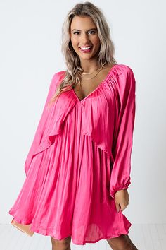 Impeccably Dressed Satin Dress In Pink Bat Wing Sleeves, Spring Lookbook, Wing Sleeves, Bat Wing, Chic Pink, Satin Material, Model Fits, V Cut, V Cuts