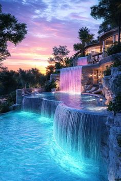 a large waterfall in the middle of a pool