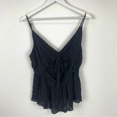 New With Tags Size L Solid Black Spaghetti Straps Cutout Front Box 13 Black Summer Camisole For Beach, Black V-neck Top With Tie Back, Black Tie Back Top For Date Night, Black Tie Back Top For Summer, Casual Black Camisole For Beach, Chic Black Camisole For The Beach, Cute Summer Tops, Black Spaghetti, Black Spaghetti Strap