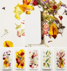 four phone cases with flowers on them next to a bouquet of wildflowers and butterflies