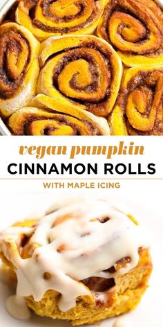 cinnamon rolls with maple icing are on a white plate and in the background, there is a pan of pumpkin cinnamon rolls