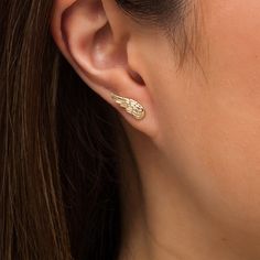 Give her a reminder of your protection and love with these spirited stud earrings. Crafted in 10K gold, each earring features a sculpted angel wing glistening with layers of intricate feather details. Polished to a bright shine, these post earrings secure comfortably with friction backs. Sterling Silver Gold Angel Wings Jewelry, Gold Sterling Silver Jewelry With Angel Wings, Gold Winged Sterling Silver Jewelry, Angel Wings Earrings, Angel Wing Earrings, Wing Earrings, Earring Backs, 10k Gold, Designer Earrings