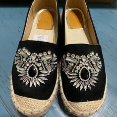 Black Espadrilles With Stone Decor. Platform And In Excellent Condition. Size 6 And (Nwt) Black Round Toe Espadrilles For Beach, Black Closed Toe Espadrilles For Vacation, Chic Black Round Toe Espadrilles, Black Slip-on Espadrilles For The Beach, Black Flat Heel Espadrilles For Spring, Chic Black Espadrilles For Vacation, Black Closed Toe Espadrilles For Spring, Black Espadrilles For Spring, Black Round Toe Espadrilles For Spring