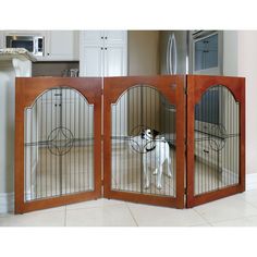 a dog is standing in its kennel with the door open to let it's owner inside