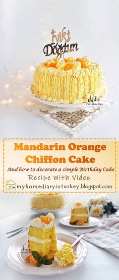 there is a cake with orange icing on it and the title reads mandarin orange chiffon cake