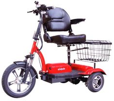 a red scooter with a basket attached to the front wheel and back seat