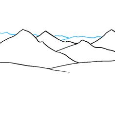 a line drawing of mountains on a white background with blue lines in the middle and bottom