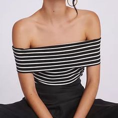 Brand: Maeve From Anthropologie Size: Lp Large Petite Condition: New With Tag Details: Off The Shoulders Top. Black/White Cotton, Spandex Off-The-Shoulder Silhouette Pullover Styling Machine Wash Chic Striped Tops For Night Out, Chic Striped Crop Top For Day Out, Elegant Black And White Top For Summer, Elegant Black And White Summer Top, Animal Print Crop Tops, Striped Off Shoulder Top, Cutout Tank Top, Burnt Orange Sweater, White Halter Top