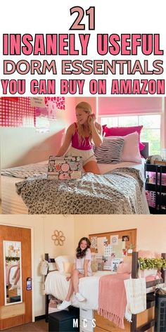 two pictures with the same person sitting on a bed and one has an amazon box in front of her