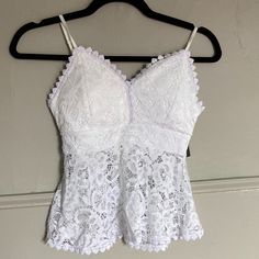 New With Tags: Brand New, Never Worn, No Signs Of Wear Lace Material Back Zipper Padded Cups Adjustable Straps 70% Nylon 20% Viscose 10% Spandex 19.5"L X 17.5"W White Lace Top With Built-in Bra For Summer, White Lace Tops With Built-in Bra, White Fitted Lace Top With Spaghetti Straps, White Fitted Lace Camisole, White Lace Top With Spaghetti Straps And Built-in Bra, White Sleeveless Lace Top With Built-in Bra, White Fitted Lace Camisole Top, White Stretch Lace Top Camisole, White Lace Top Stretch Camisole