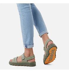 Women's Flat Sandals & Slides | SOREL Modern Open Toe Sandals For Outdoor, Green Casual Sandals With Adjustable Straps, Modern Open Toe Outdoor Sandals, Sorel Sandals Outfit, Waterproof Boots Winter, Sorel Sandals, Moc Toe Boots, Modern Sandals, Wedge Heel Boots