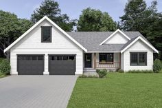 a white house with two garages on the front and one car door open to let in lots of light