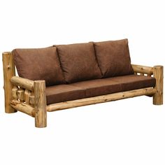 a couch made out of logs with brown pillows on it's back and arms