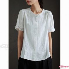 Gentle Cotton Shirt with Beautiful Ruffled Trim and Loose Fit Short Sleeve Tops With Lace Trim For Work, Casual Tops With Lace Trim For Work, Casual Lace Trim Tops For Work, Spring Short Sleeve Shirt With Lace Trim, Short Sleeve Blouse With Lace Trim For Work, Princess Sleeves, Ruffle Collar, Cotton Top, Cotton Blouses