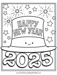 a happy new year coloring page with a top hat and stars on the side, in black and white