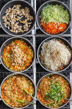 six pans filled with different types of veggies and noodles, including carrots, broccoli, mushrooms, and sprouts