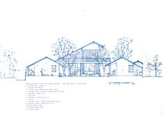 a blueprint drawing of a house with trees in the foreground and bushes on the far side