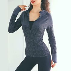 Long Sleeve Women's Yoga & Fitness Hooded Zipper Shirt - Women's Fitness Apparel, Women's Tshirt & Tank Tops | Vivinch Stretch Tops With Zipper Closure For Winter, Winter Workout Tops With Zipper Closure, Fitted Long Sleeve Gray Hoodie, High Stretch Nylon Tops For Winter, Hooded Nylon Activewear, Fitted Gray Hoodie For Athleisure, Fitted Gray Hoodie In Athleisure Style, Winter Hooded Nylon Tops, Gray Fitted Hoodie For Athleisure