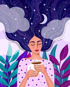 a woman holding a cup of coffee in her hands with stars and leaves around her