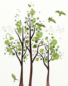 watercolor painting of trees with birds flying around