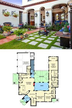 the floor plan for this spanish style home is shown in two different views, and shows how