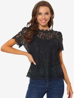 Shop Allegra K for lace floral scalloped trim short sleeve semi sheer blouse you are looking for, get more women's blouses for yourelf. Order now! Free Returns! Floral Lace Blouse, Semi Sheer Top, Feminine Top, Black Sheer Top, Sheer Lace Top, Floral Lace Tops, Hawaiian Outfit, Lovely Tops, Scalloped Trim