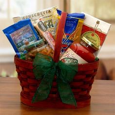 a red basket filled with lots of food