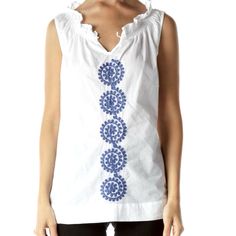 Made With High-Quality Fabric Soft Lightweight Cotton Sleeveless Blouse Comfortable To Wear. V Neck W/Tight-Up String Sleeveless Ruffled Necklines Embroidered Details Solid White Color Loose Relax Fit The Fashion Blouses Is Perfect Choice For Your Daily Wear Straight Hem Armpits 21” Length 26” 100cotton Machine Wash True Szm. Blue Cotton Tank Blouse, Spring Stretch Top By Tommy Hilfiger, Tommy Hilfiger Stretch Top For Spring, Spring Tommy Hilfiger Stretch Top, Tommy Hilfiger Casual Blouse For Spring, Casual Tommy Hilfiger Blouse For Spring, Tommy Hilfiger Casual Spring Blouse, Fitted Tommy Hilfiger Tops For Summer, Blue Sleeveless Blouse For Daywear