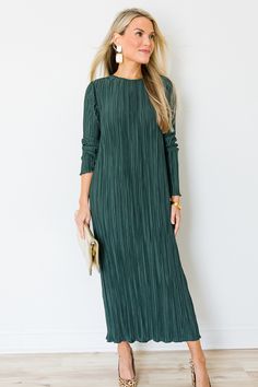 Pleated Midi, Midnight Green - New Arrivals - The Blue Door Boutique Pleated Stretch Midi Dress For Date Night, Fitted Pleated Dress For Date Night In Fall, Chic Stretch Pleated Midi Dress, Stretch Pleated Midi Dress For Date Night, Chic Stretch Midi Dress With Pleats, Spring Midi Dress With Folds For Date Night, Fall Fitted Midi Dress With Accordion Pleats, Fitted Midi Dress With Accordion Pleats For Fall, Stretch Pleated Midi Dress