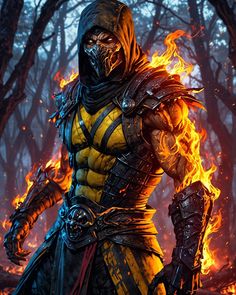 a man in yellow and black outfit standing in the woods with flames behind him,