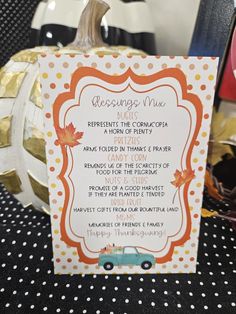 an orange and white pumpkin themed wedding menu