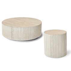 two wooden stools sitting next to each other on a white background, one is made out of wood