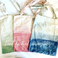 three different colored bags with the words hand - dyed canvas totes written on them