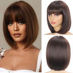 PRICES MAY VARY. 【High Quality】The short bob wig with bangs is made of high quality heat resistant synthetic fiber which is very soft and silky. Lightweight and easy to put on for time-saving new style. 【Adjustable Cap】Straight bob wig with bangs for women, its cap size is 21"-22.5".There are two adjustment straps inside the wig, which you can adjust the most comfortable tightness on your head, so never worry head size. ��【Wig Care】 Gently shampoo & condition in cool temperature water, place the b Bob Wigs With Bangs, Wig Care, Bob Wig With Bangs, Bangs Straight, Straight Bob, Wig With Bangs, Mannequin Heads, Short Bob Wigs, Bob Wig