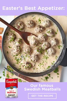 a pan filled with meatballs covered in gravy